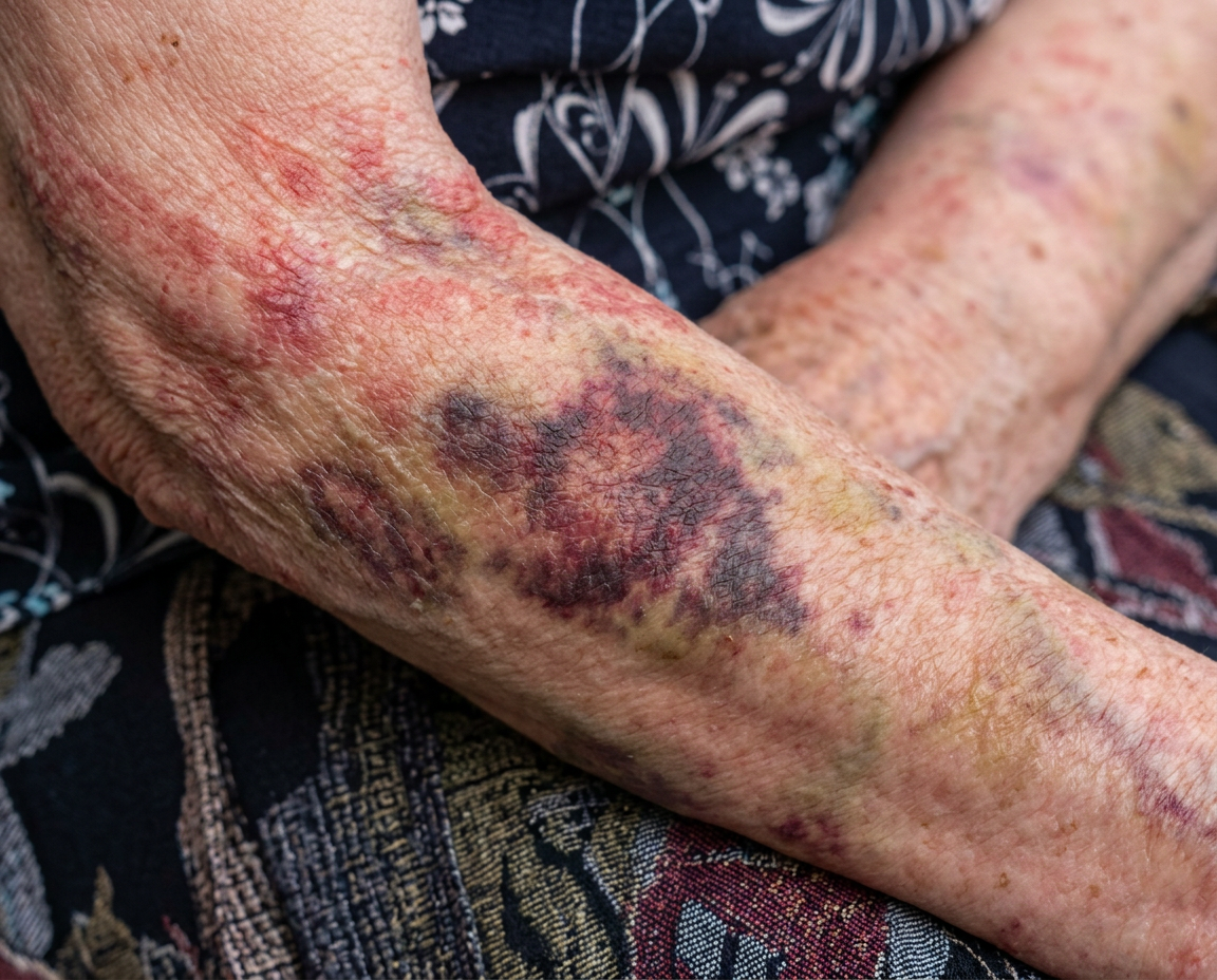 Close up of severe bruising on elderly forearm