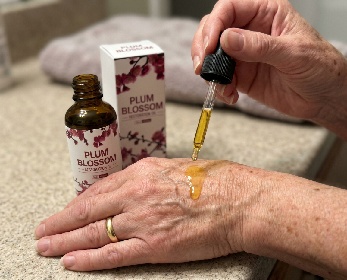 Oela Plum Blossom Restoration Oil being applied to hand