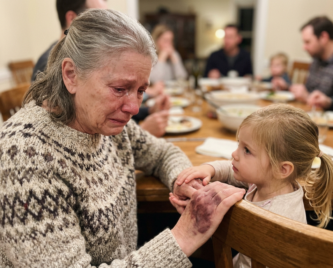 Grandmother crying at dinner table while granddaughter holds her bruised hand