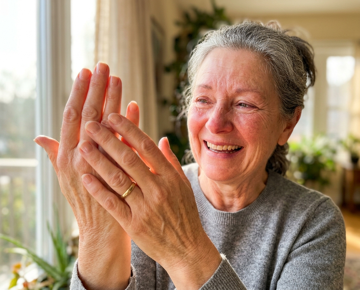 Woman smiling looking at her hands