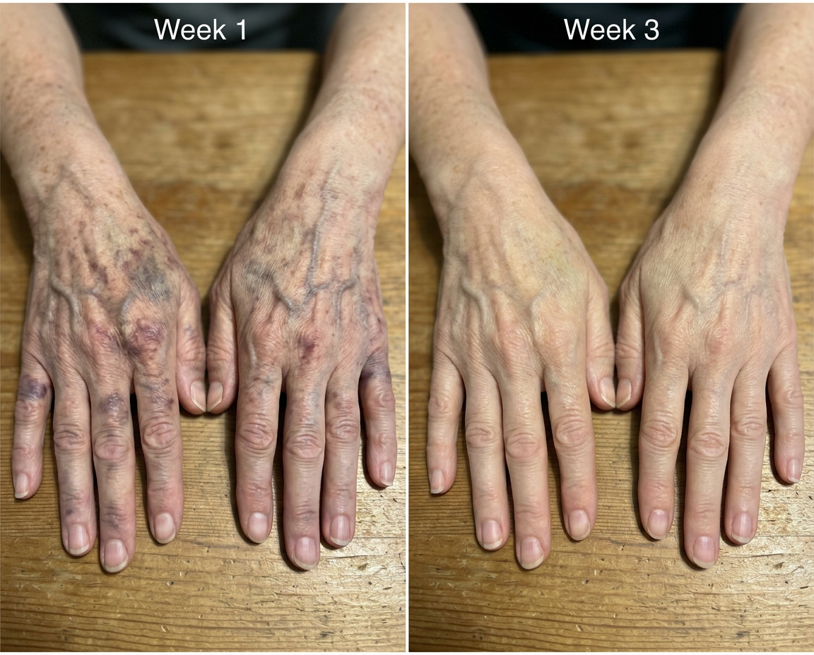 Before and after: bruised hands at week 1 vs week 3