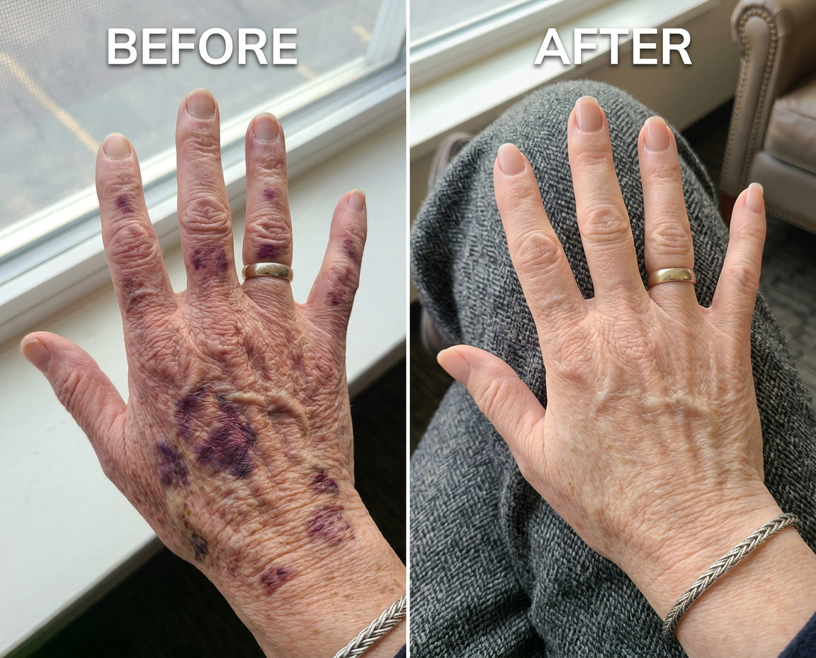 Before and after: severely bruised hand vs healed hand