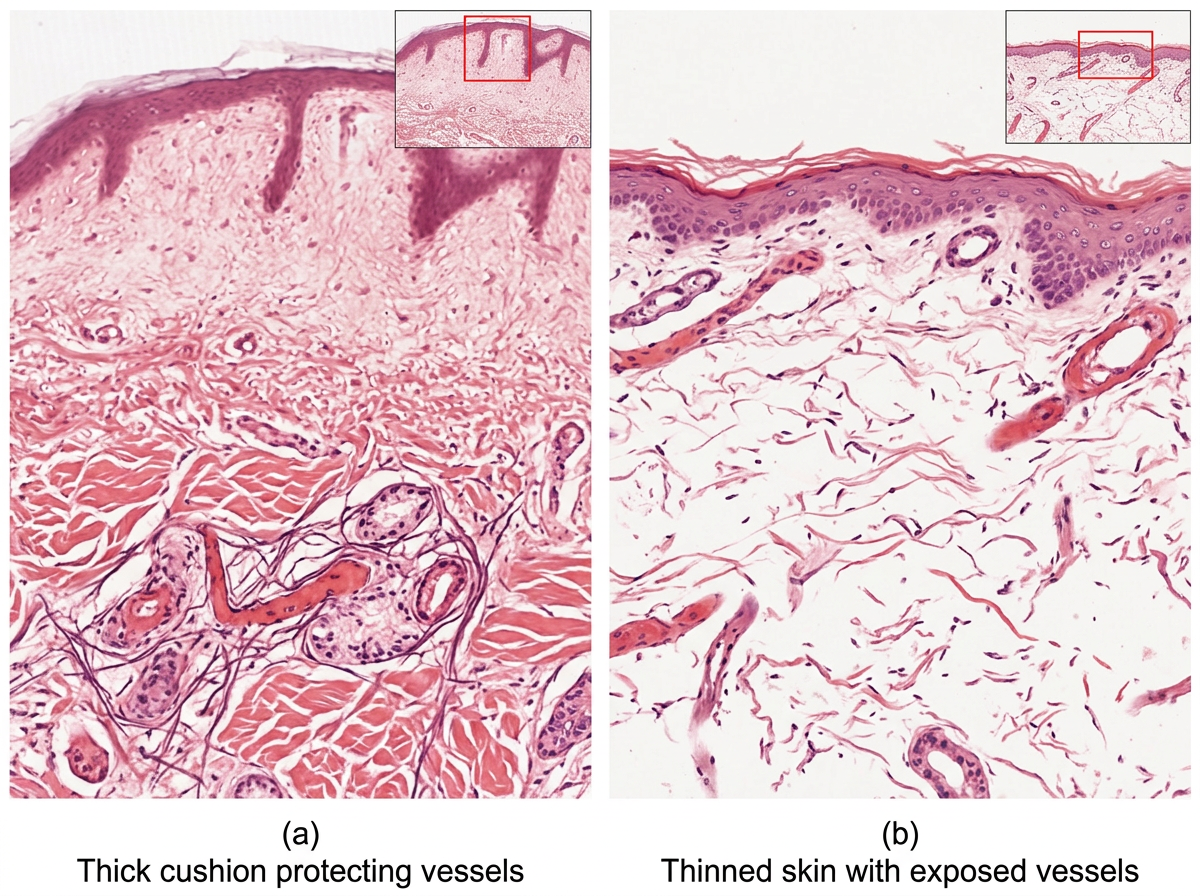 Diagram showing a healthy skin cushion protecting blood vessels versus thinned skin with exposed vessels